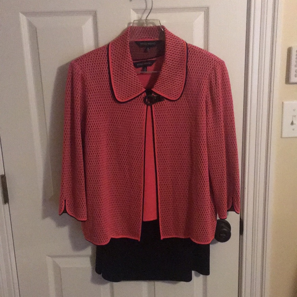 Ming Wang. Large three piece pink black  jacket, top and skirt Paid 425 sell 130